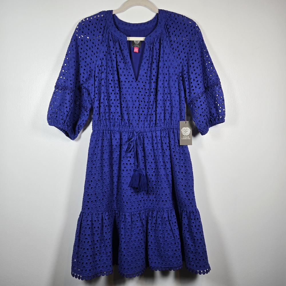 NEW Vince Camuto Blue Eyelet Fit & Flare Cotton Tassle Waist Midi Dress Size 6